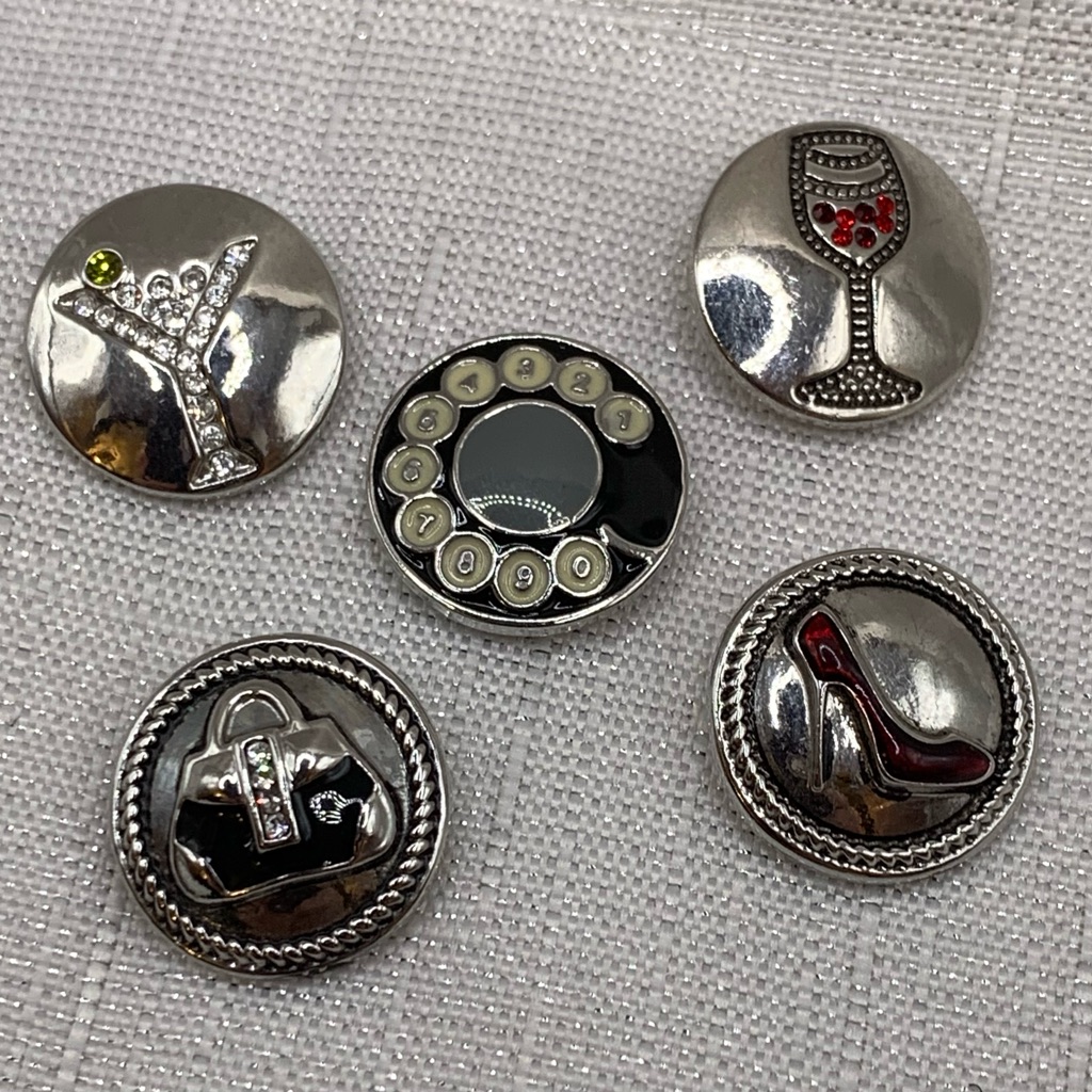 Wine, Martini, Rotary Phone, High Heel & Purse - Snap Button Charms Set Of 5